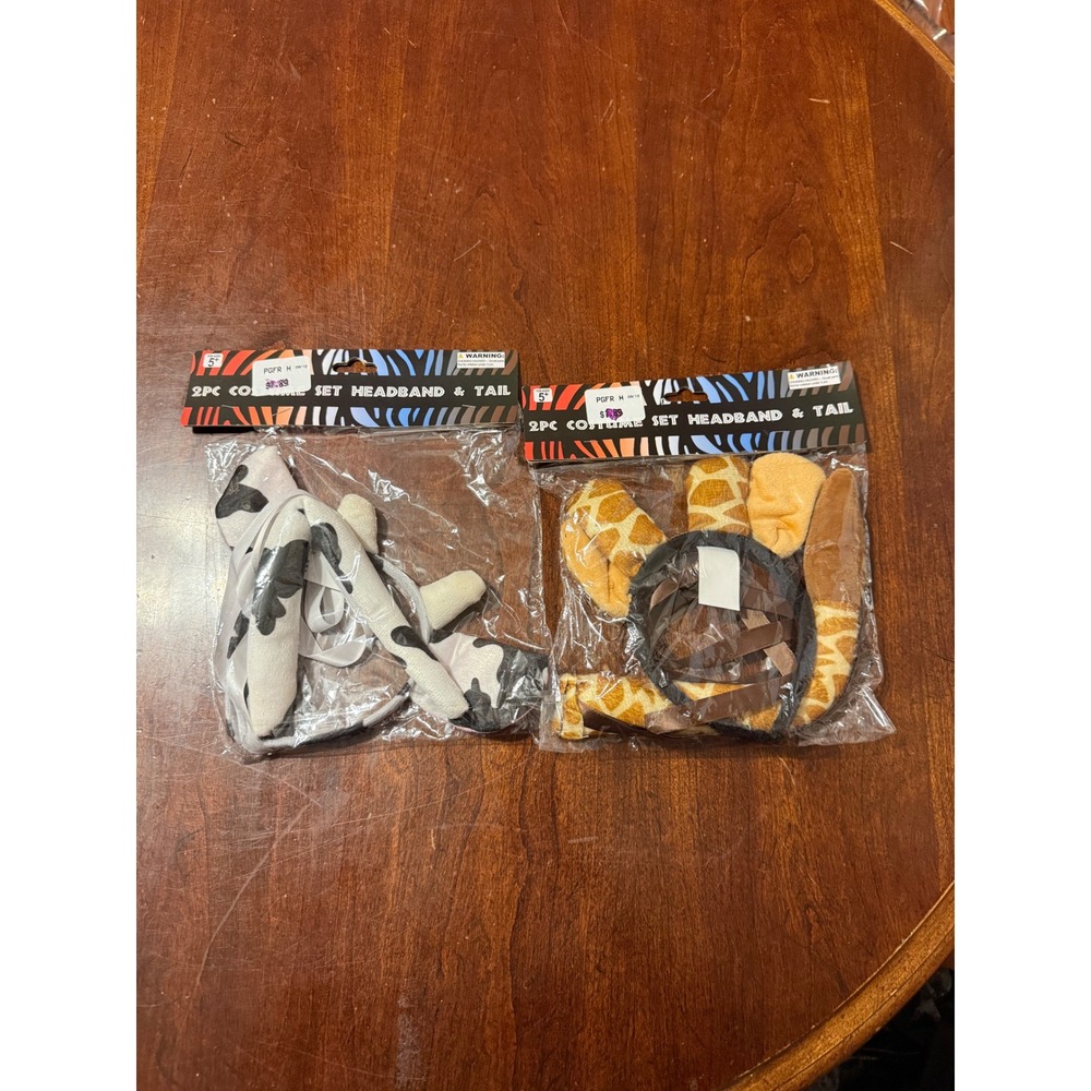Lot of 2 Animal Costume Sets Cow and Giraffe Headband and Tail Plush Accessories
